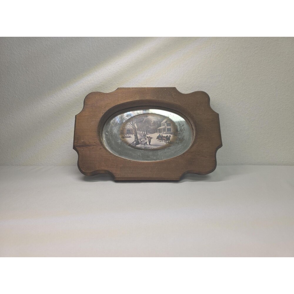 Vintage Hand carved brown wooden oval Framed Winter Scene Village Art Wall Decor